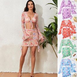 Women's Swimwear Swimsuit Long Sleeve Beach Cover Up Tops 4 Piece Swimsuits Ruffle Floral Print Skirt Set Elegant Ladies Bikinis