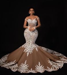 Luxurous African Mermaid Lace Wedding Dresses appliques Glitter Beaded Long Sleeves Aso Ebi Style Amazing Bridal Gowns Back Lace-Up Dark Nude Vestido De Novia