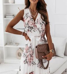 Chiffon Sleeveless Floral Print Pleated Mini Dresses For Women Summer Elegant Casual Deep Vneck Laceup Office Lady Dress 2205168445518