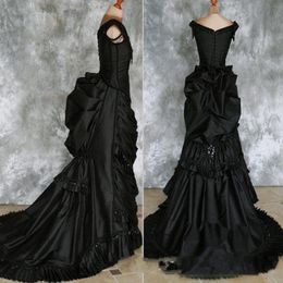 Taffeta Beaded Gothic Victorian Bustle Gown with Train Vampire Ball Masquerade Halloween Black Wedding Dress Steampunk Goth 19th centur 2963