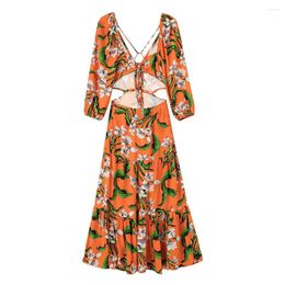 Casual Dresses AYUALIN Floral Print Loose Beach Wear Backless Maxi Dress For Women Sexy Deep V Long Sleeve Summer Vestidos 2024