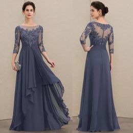 2023 Elegant Navy Evening Dresses A-Line Scoop Neck Floor-Length Chiffon Lace Mother of the Bride Dress With Cascading Ruffles Plus Siz 270N