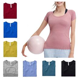 Womens Knitted Short Sleeved Shirt Lingerie Top Summer High Elasticity Breathable Yoga T-shirt Suitable for Running Quick Drying Sports Fiess Wear