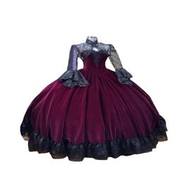 Historical Wine Velvet Prom Dress With Bolero Jacket Long Sleeve Lace Gothic Aesthetic Evening Dress Mediaeval Renaissance Formal 1800 Rockabilly Robe Mariage 2024
