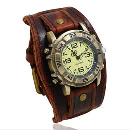 Wristwatches Vintage Retro Big Wide Genuine Leather Strap Watch Men Punk Quartz Cuff Bracelet Bangle Relogio Masculino 173l