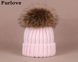 Furlove Real Raccoon Fur Womens winter Hat Genuine Fur Pompom Women Knitted Bobble Ski Hat Cap Winter Hats for women skullies3279446