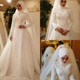 Vestido De Novia Vintage Muslim Wedding Dresses with Matching Veil Lace Beaded Sweep Train Garden Wedding Gowns Custom Made 261B