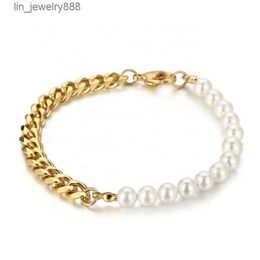 Custom design pearl stainless steel Jewellery stainless steel silver gold half pearl half Cuban chain bracelet for men