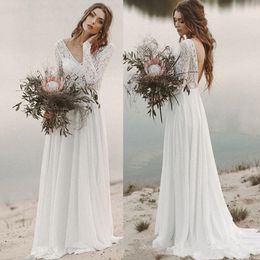 Beach Country Wedding Dresses 2020 A-line Chiffon Lace Top V-Neck With Long Sleeves Backless Draped Bridal Gown With Illusion Bodice 204Q