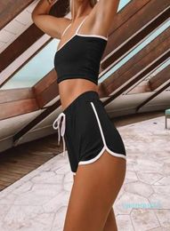Female Athletic Short Sets Patchwork Yoga Suit String Vest Short Crop Top Running Shorts Sleeveless Workout Sports Yoga Set