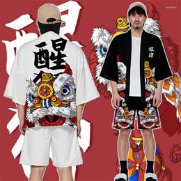 Ethnic Clothing Japanese Two-piece Suit Cardigan Men Cosplay Lion Dance Print Yukata Kimono Shorts Sets Patchwork Asian Traditional