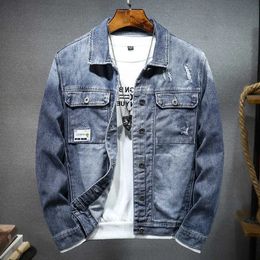 Male Jean Coats Blue Ripped Mens Denim Jacket Wide Shoulders with Hole Menswear Clothing Price Stylish Fashion of Fabric 240428