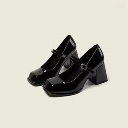 Dress Shoes Mary Jane Women Heels 2024 Black Square Head With Patent Leather Pump Solid Colour Simple Basic Style One Line Buckle
