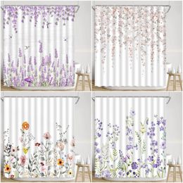 Shower Curtains Spring Floral Curtain Butterfly Hummingbird Watercolour Rustic Farm Simple Modern Purple Flower Green Leaf Bathroom Decor