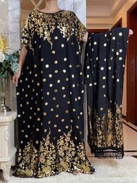 Ethnic Clothing Newest Muslim Ramadan Eid Dress With Big Scarf Women Loose Cotton Maxi Robe Femme Musulmane African Gold Stamping loral Abaya T240510