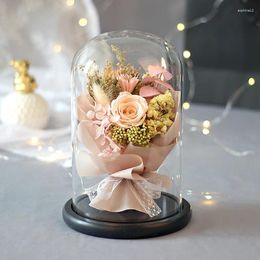 Decorative Flowers Preserved Eternal Rose In Glass Dome Home Decor Dry Flower With Lights Galaxy Valentine's Day Gift For Girlfriend's