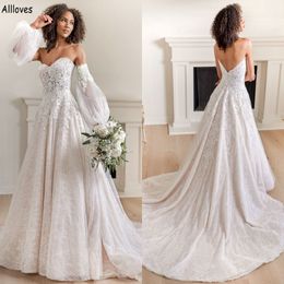 Removable Lantern Sleeves A Line Wedding Dresses Plus Size Sweetheart Sexy Low Back Boho Country Bridal Gowns Long Tulle Lace Appliqued 3025