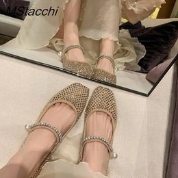 Mesh Crystal Pearl Flat Shoes Womens Square Toe Office Womens Luxury Shoes Large Size Mary Jens Shoes 2024 Spring Festival Single Shoes 240426
