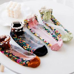 Women Socks Lolita Cute Shallow Mouth Mesh Summer Pearl Short Boat Hosiery Embroidery Flowers