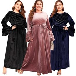 Ethnic Clothing Muslim women loose plus size casual women winter dress large size printed long slve round neck A-line party dress T240510