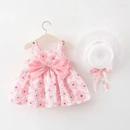 Girl Dresses Floral Dress Sweet Summer Bow Toddler Peach Princess For Children Aged 0 To 3 Born Clothing Hat 2 Pcs Sets