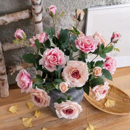 Decorative Flowers Fake Flower Wedding Arrangement Realistic Artificial Rose Bouquet 3 Heads Bright Colour Simulation For Home