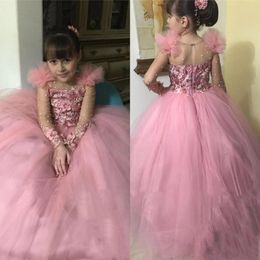 Lovely Tulle Pink Flower Girl Dresses for Weddings High Neck Sleeves Sweep Train 3D Floral Applique Communion Dress Girls Pageant Gowns 228q