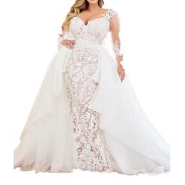 Modest Plus Size Mermaid Wedding Dresses With Detachable Train Long Sleeve Full Lace Appliqued Bridal Dress V Neck Wedding Gowns 227Y
