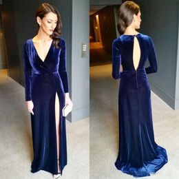 Navy Blue Velvet Red Carpet Evening Dresses V Neck Sexy Keyhole Back High Split Long Sleeve Formal Prom Gowns Evening Wear uk Celebrity 337D