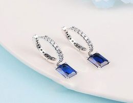 925 Sterling Silver Blue Rectangular Sparkling Hoop Earrings Fits European Style Jewellery Fashion Earrings7313195