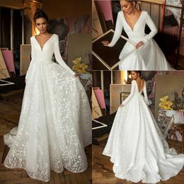 Boho Beach White Stain Tulle A Line Wedding Dress Sexy Deep V Neck Bride Wedding Gown Long Sleeves Backless Bridal Dress vestido de nov 215f