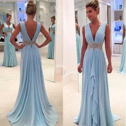 2019 Light Sky Blue Evening Dress Deep V Neck Long Formal Holiday Celebrity Wear Prom Party Gown Custom Made Plus Size 226Q