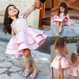 Cute Flower Girl Dresses Ball Gown Jewel Short Sleeve Girls Pageant Dresses With Applique Tulle Bow For Wedding Party 2116