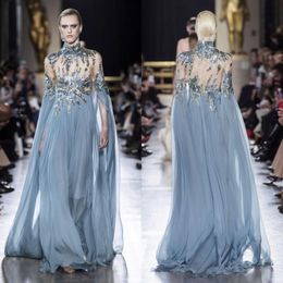 Elie Saab 2019 Evening Dresses Light Blue Sequined Beads High Neck Prom Gowns Tulle Long Sleeve Party Dress 265e