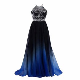 Sexy Halter Gradient Prom Dresses With Long Chiffon Plus Size Ombre Evening Party Gowns Formal Party Gown 191D