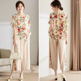 Women's Two Piece Pants Women Outfit Flower Print Ruffle Sleeves Top Wide Leg Trousers Set For Wear With Patchwork Design Loose Cropped