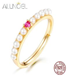 ALLNOEL 925 Sterling Silver Pearl Rings Red Corundum Gemstone 9K Gold Plated Vintage Fine Jewellery For Women9906398