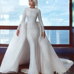 Saudi Arabia Hijab Wedding Dresses with Detachable Train Beading Sequins Mermaid Long Sleeve Muslim Bridal Dresses Gowns 286y