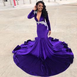 Stylish Purple Velvet Mermaid Prom Dresses Sheer Deep V Neck Beaded Long Sleeves Evening Gowns Plus Size Sweep Train Appliqued Formal D 318L