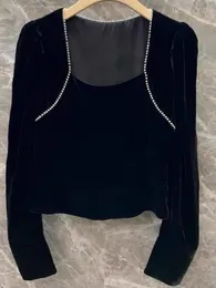 Women's Blouses Square Collar Clavicle-exposed Beading High Grade Blusas Mujer De Moda 2024 Spring Vintage Velvet Black Chic Shirts