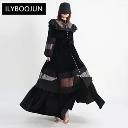 Casual Dresses For Women 2024 Elegant High Quality Luxury Beading Lace Hollow Out Lantern Sleeve Stand Collar Black Velvet Maxi Dress