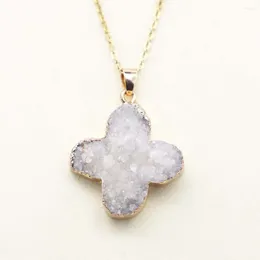 Pendant Necklaces Natural Stone Cross Leaves Shape White Agate Druzy Necklace Gold Plated Reiki Charms Fashion DIY Jewelry Making 4Pcs