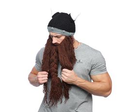 Men Winter Mustache Braid Beanie Halloween Funny cosplay Hat Barbarian Vagabond Viking Beard Hat Horn Warm Wool Knitting Caps Mask6086778