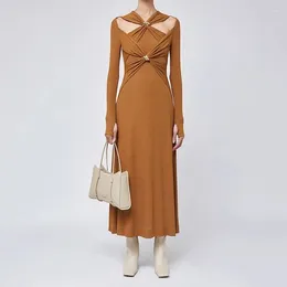 Casual Dresses Runway Fashion Women's Sexy Cross Hollow Out V Neck Knitted Midi Dress Elegant Autumn Winter Solid Gold Button Strech Long
