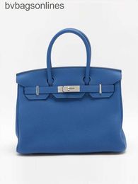 Vintage Hremms Real Logo Designer Bags AAA Quality Women Brand Bags Birkks 30 Bag Leather Out Print Royal Blue Silver Button Engraved Brand Handbag Bag