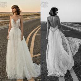 2020 Boho Beach Wedding Dresses Spaghetti Straps Lace Applique Backless Covered Buttons Back Wedding Gown Custom Made Vestido de novia 314w