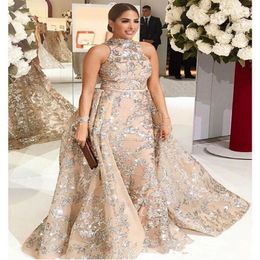 2020 New Yousef Dubai Arabic Evening Dresses Prom Gowns Overskirt Detachable Train Champagne Mermaid Lace Applique Party Dress High Nec 241A