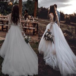 Princess Fairy Country Wedding Dresses 2021 Long Sleeve Backless Lace Tulle Bohemian Illusion Beach Bride Reception Gown Robes 2227