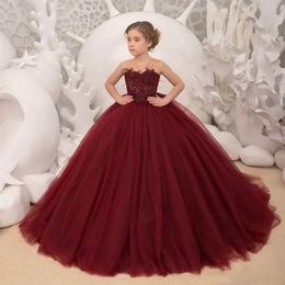 Burgundy Flower Girl Dresses 2023 First Holy Communion Dresses For Girls Ball Gown Wedding Party Dress Kids Evening Prom GB1108 211D