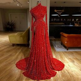 Reflective Red Sequin Evening Party Gowns 2020 Long Sleeves Ruched High Split Formal Party Floor Length Prom Dresses 297W